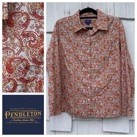 Pendleton Tops - Pendleton Womens XL Orange Paisley Cotton Button Down Long Sleeve Shirt Pocket